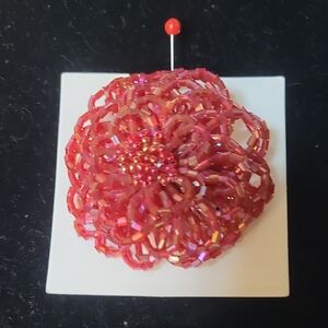 Elegant Red Beaded Flower Brooch